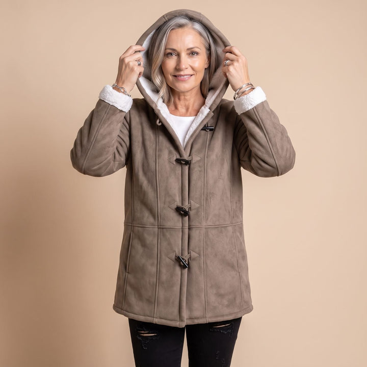 Damen Winterjacke mit Kapuze Sherpa-Futter Knebelknöpfe Warmer Mantel - Khaki