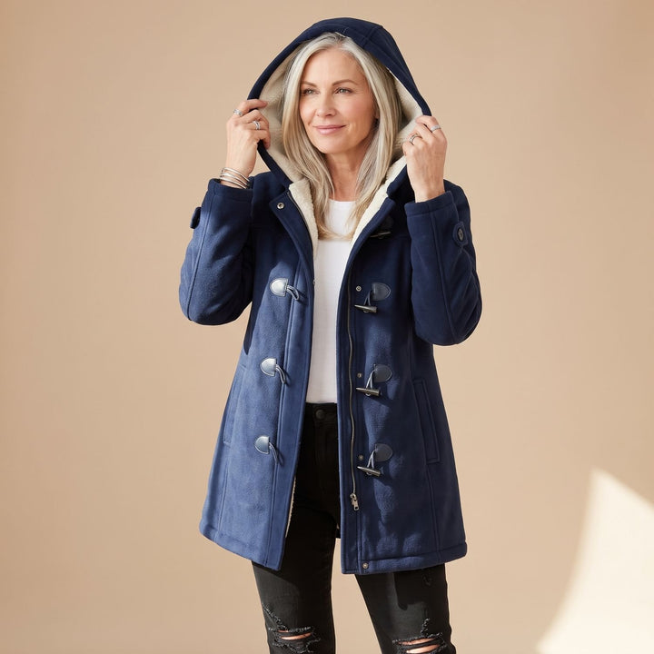 Damen Winterjacke mit Kapuze Sherpa-Futter Knebelknöpfe Warmer Mantel - Marineblau