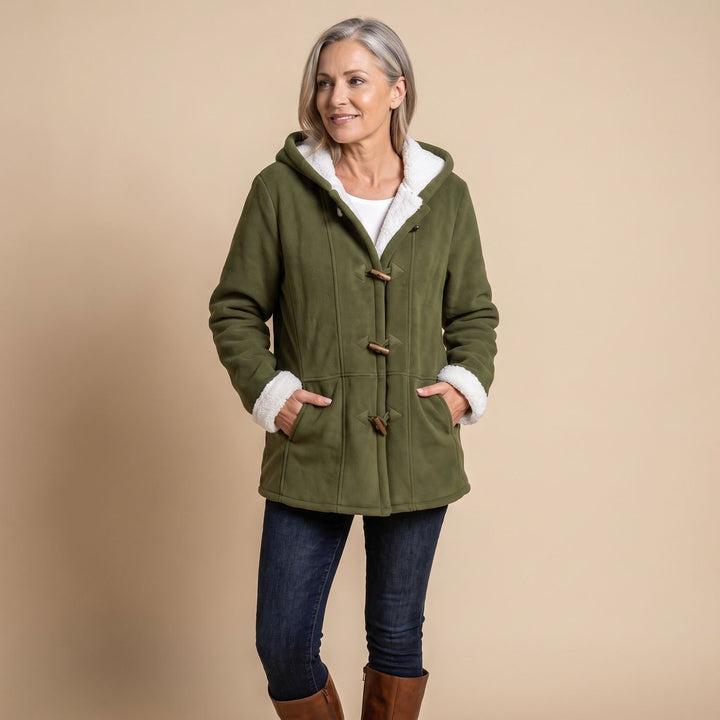Damen Winterjacke mit Kapuze Sherpa-Futter Knebelknöpfe Warmer Mantel