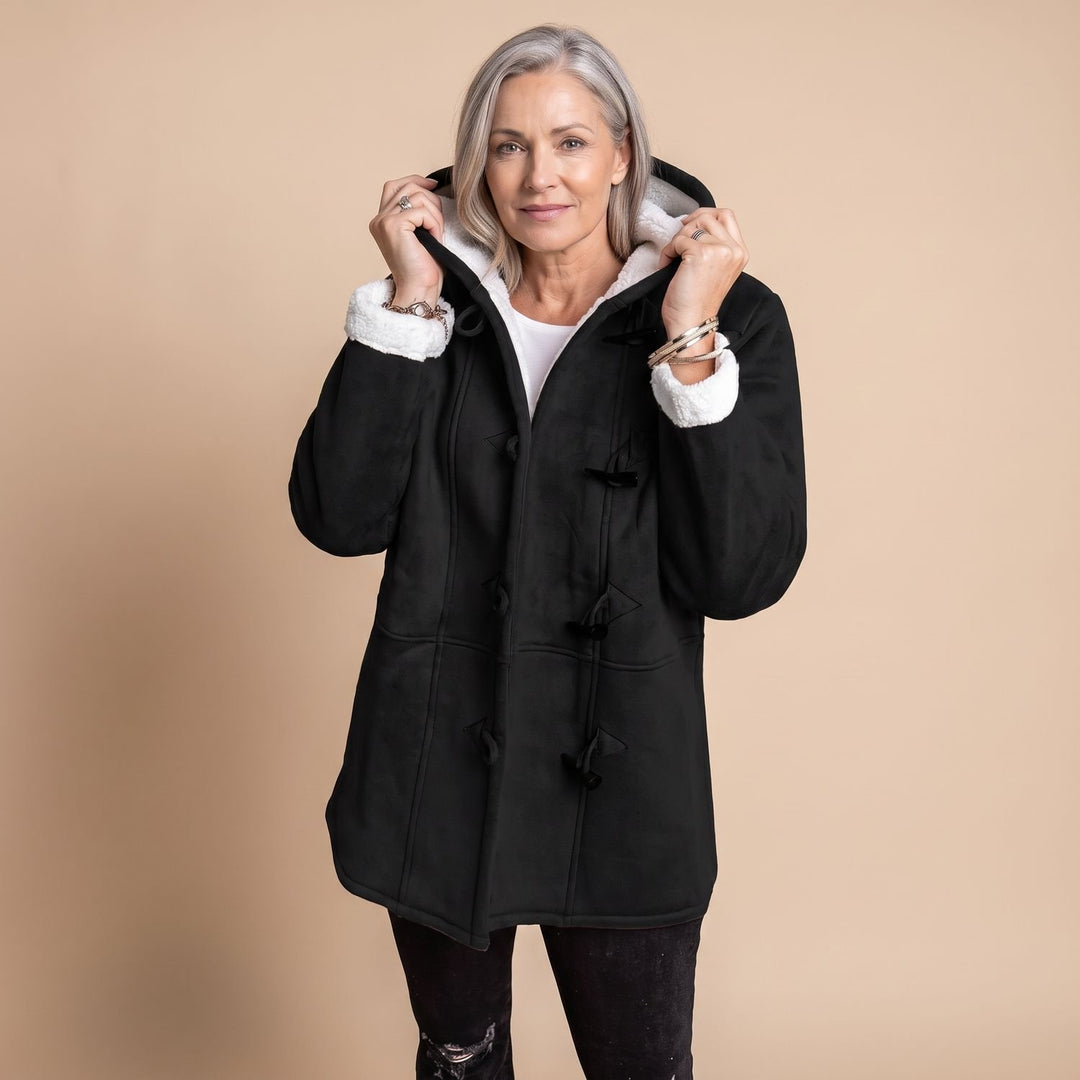 Damen Winterjacke mit Kapuze Sherpa-Futter Knebelknöpfe Warmer Mantel - Schwarz