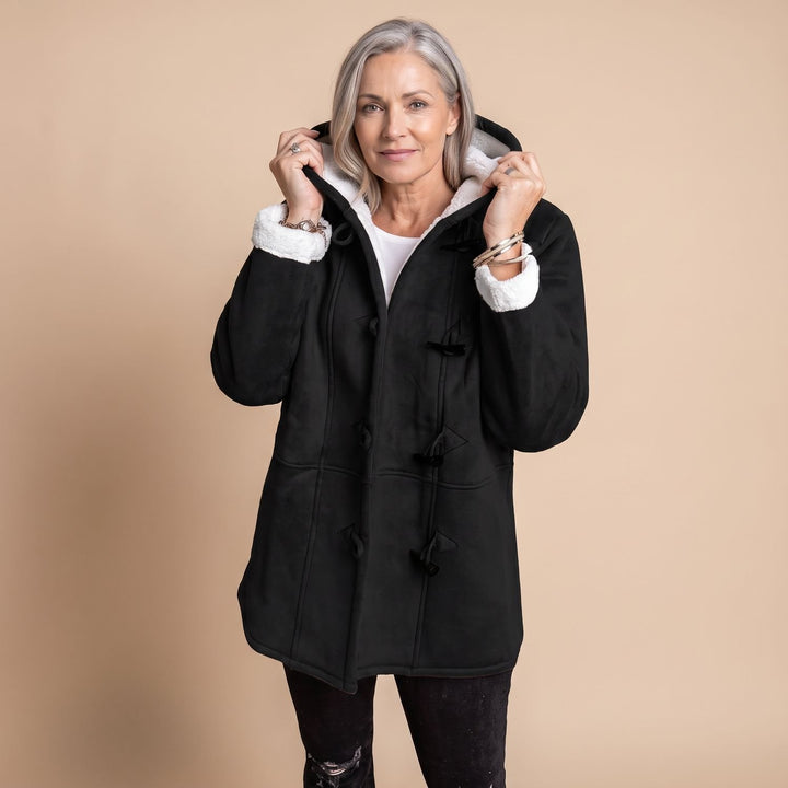 Damen Winterjacke mit Kapuze Sherpa-Futter Knebelknöpfe Warmer Mantel - Schwarz