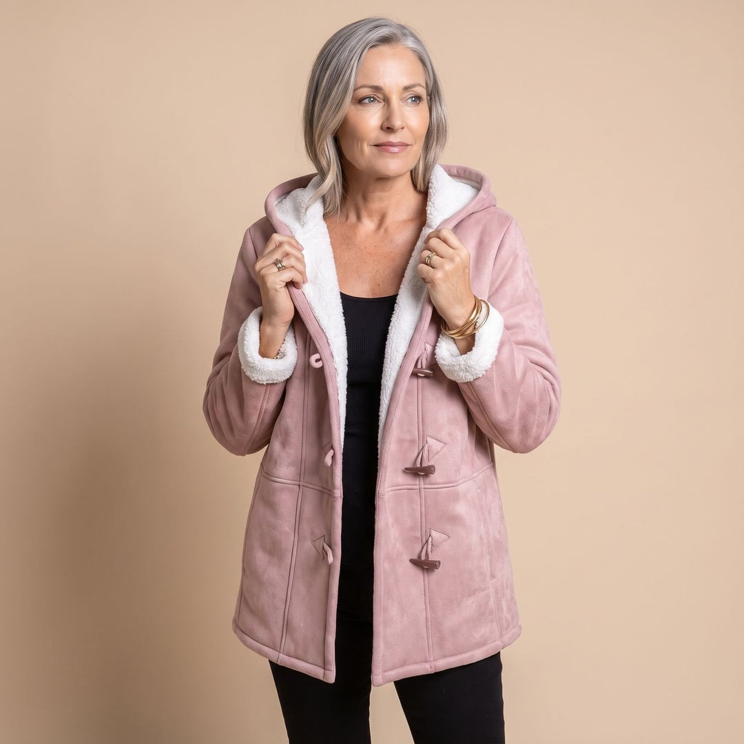Damen Winterjacke mit Kapuze Sherpa-Futter Knebelknöpfe Warmer Mantel - Rosa