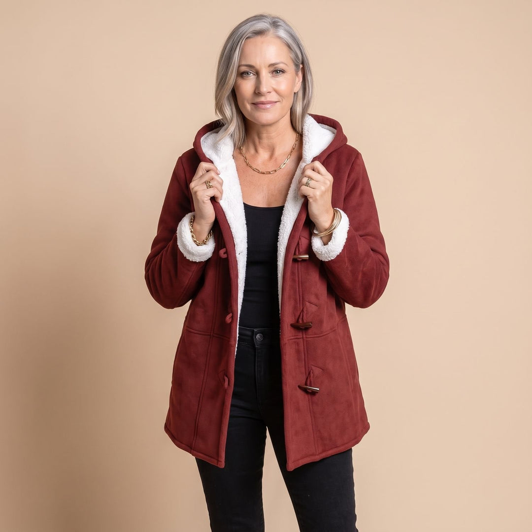Damen Winterjacke mit Kapuze Sherpa-Futter Knebelknöpfe Warmer Mantel - Rot
