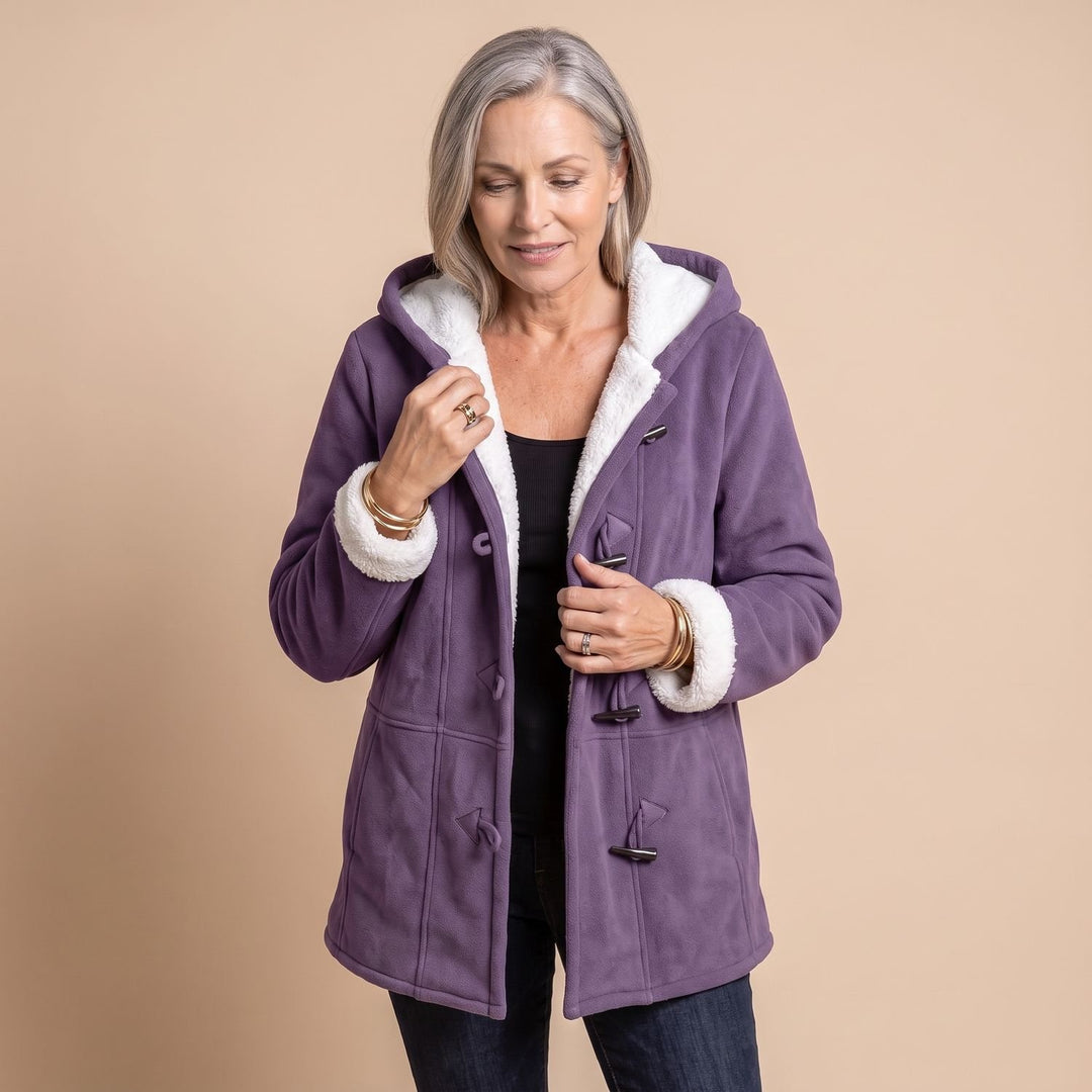Damen Winterjacke mit Kapuze Sherpa-Futter Knebelknöpfe Warmer Mantel - Lila