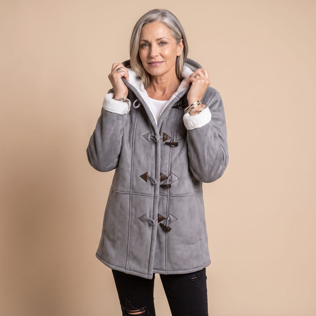 Damen Winterjacke mit Kapuze Sherpa-Futter Knebelknöpfe Warmer Mantel - Grau