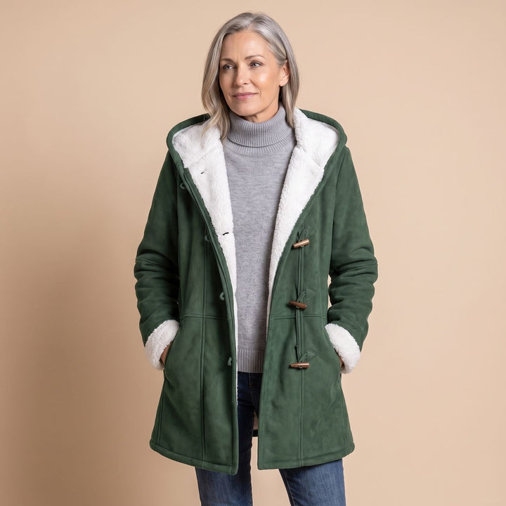 Damen Winterjacke mit Kapuze Sherpa-Futter Knebelknöpfe Warmer Mantel - Grün
