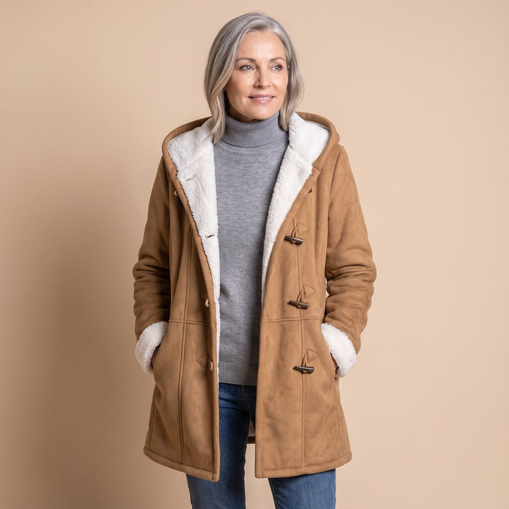 Damen Winterjacke mit Kapuze Sherpa-Futter Knebelknöpfe Warmer Mantel