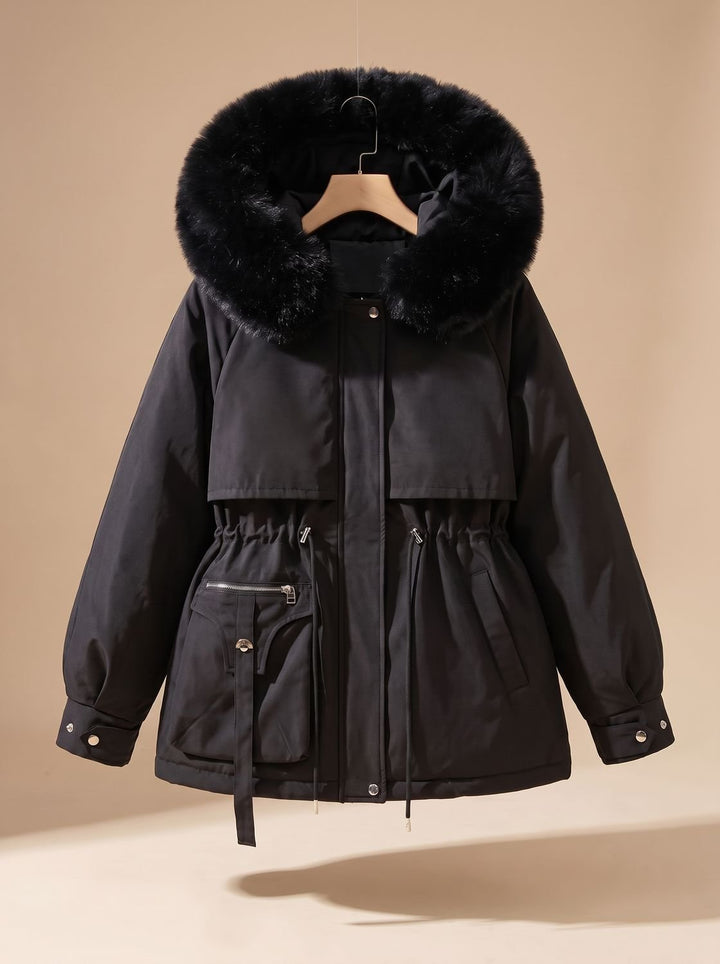 Damen Winterjacke mit Kunstfell-Kapuze und Taillenzug Faux-Fur - Schwarz