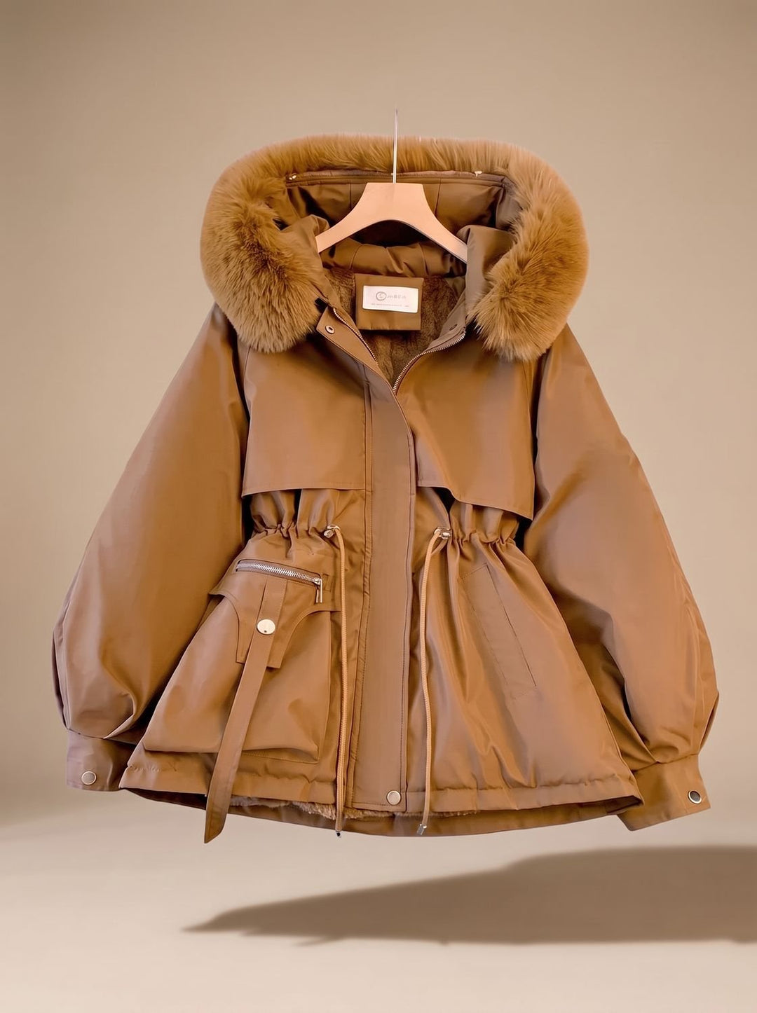 Damen Winterjacke mit Kunstfell-Kapuze und Taillenzug Faux-Fur - Braun