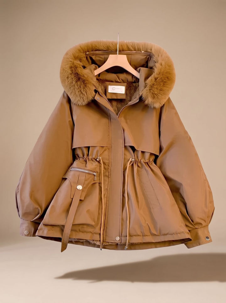 Damen Winterjacke mit Kunstfell-Kapuze und Taillenzug Faux-Fur - Braun