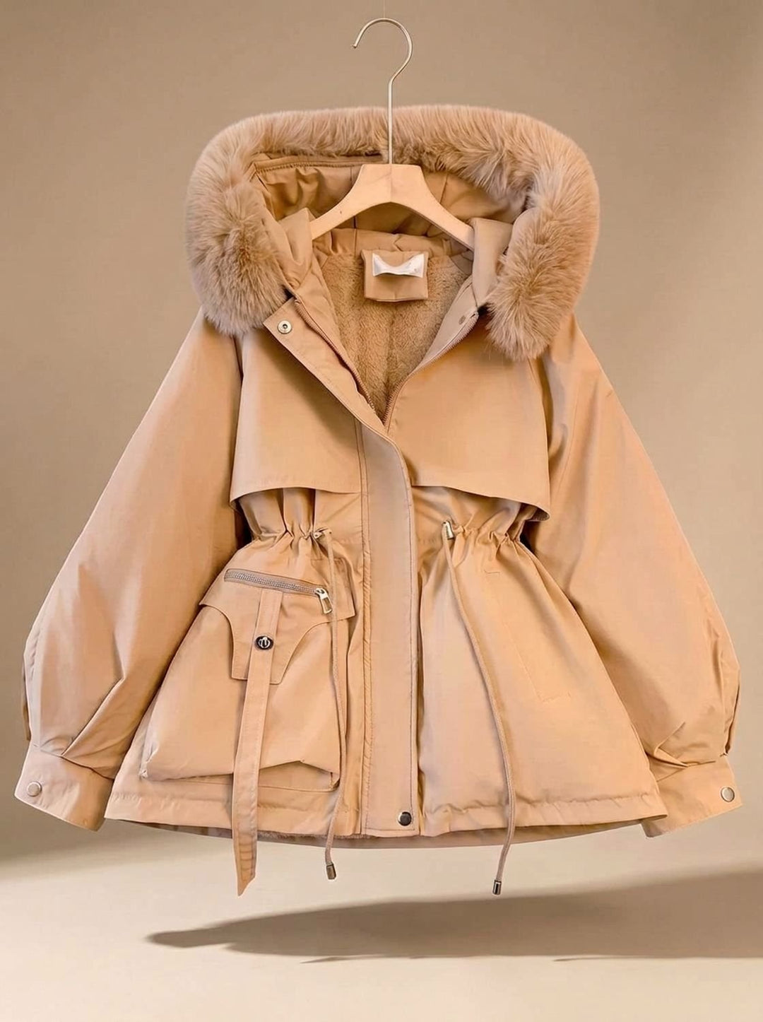 Damen Winterjacke mit Kunstfell-Kapuze und Taillenzug Faux-Fur - Khaki