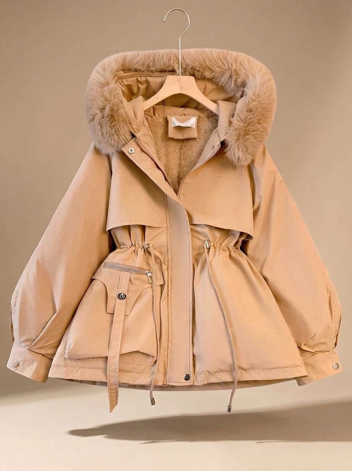Damen Winterjacke mit Kunstfell-Kapuze und Taillenzug Faux-Fur - Khaki