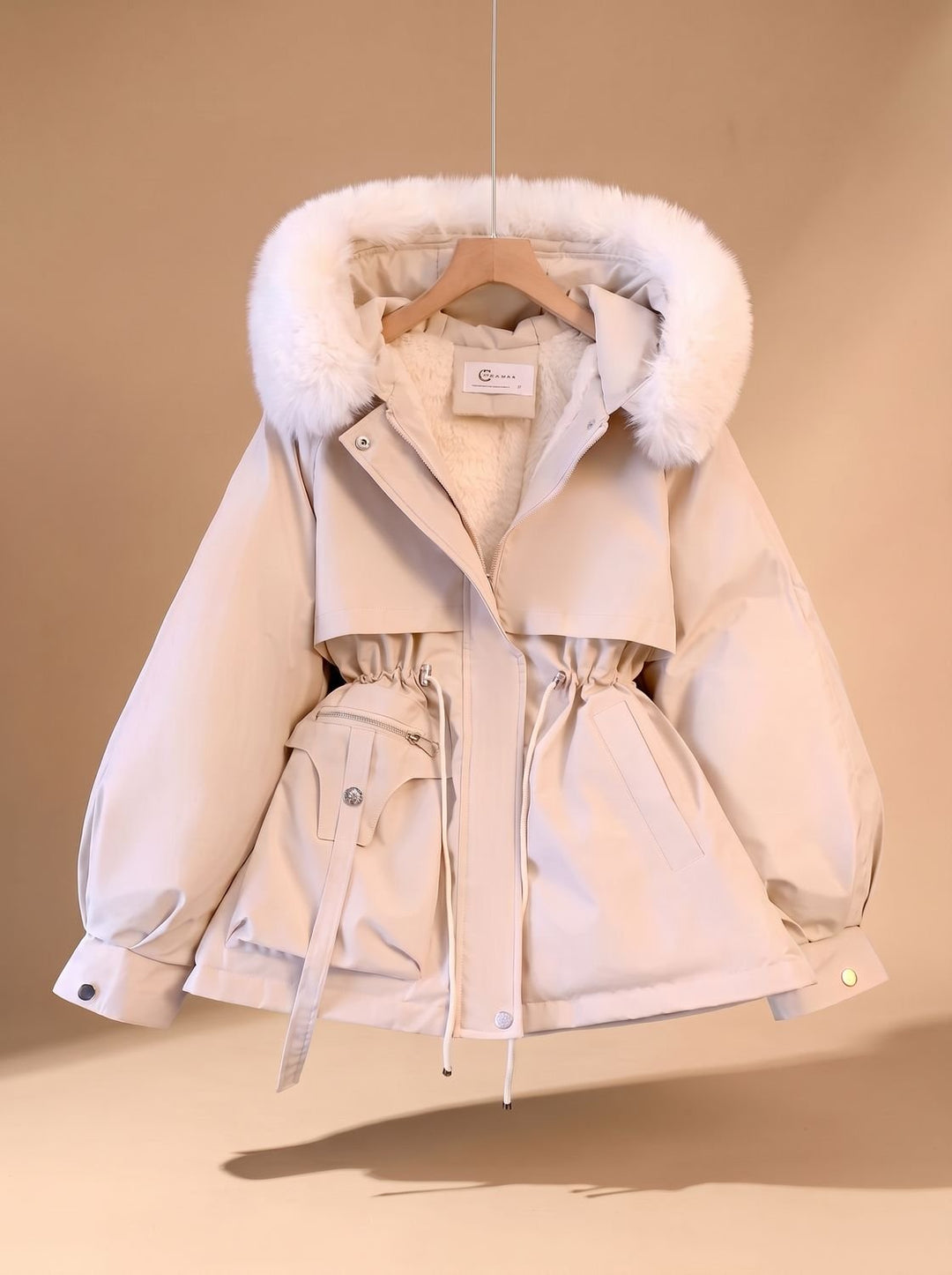 Damen Winterjacke mit Kunstfell-Kapuze und Taillenzug Faux-Fur - Weiß