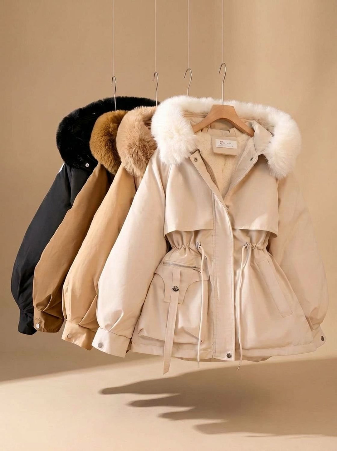Damen Winterjacke mit Kunstfell-Kapuze und Taillenzug Faux-Fur