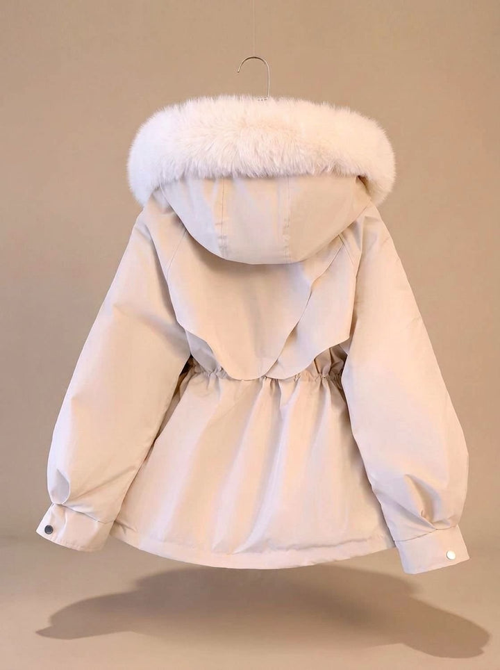 Damen Winterjacke mit Kunstfell-Kapuze und Taillenzug Faux-Fur