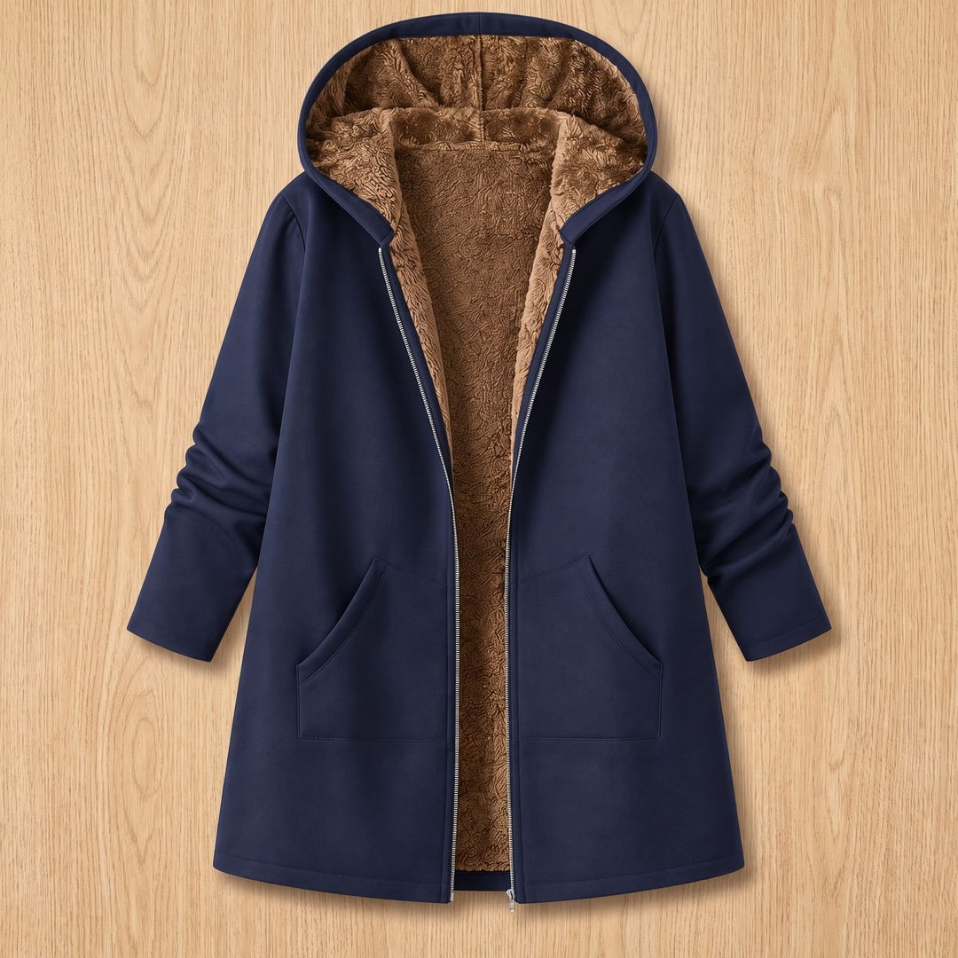 Damen Winterjacke mit Sherpa-Futter Kapuze Reißverschluss - Marineblau