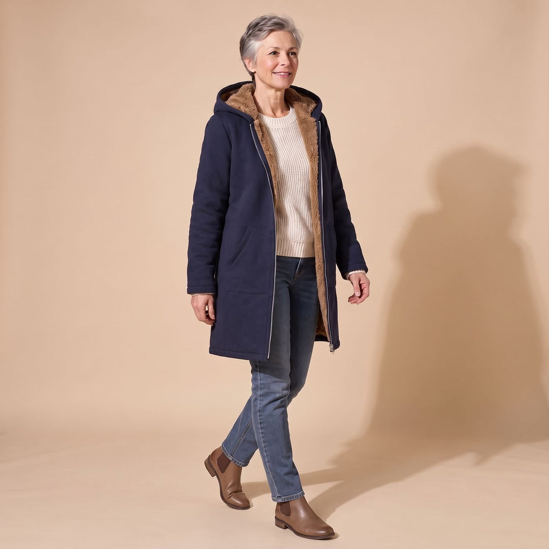 Damen Winterjacke mit Sherpa-Futter Kapuze Reißverschluss - Burgunderrot