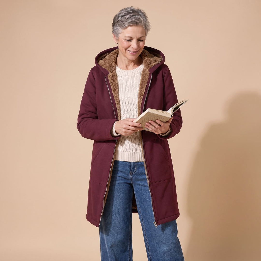 Damen Winterjacke mit Sherpa-Futter Kapuze Reißverschluss - Militärblau