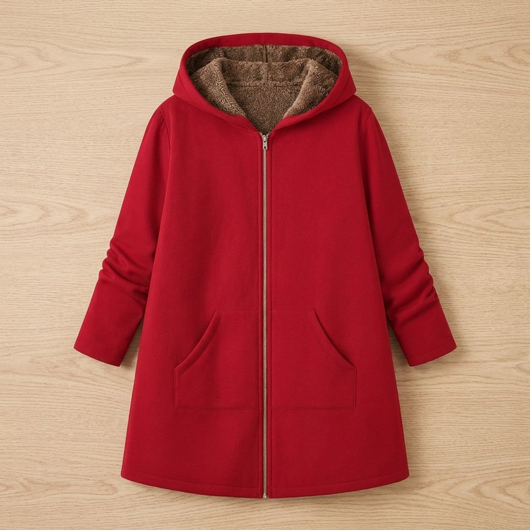 Damen Winterjacke mit Sherpa-Futter Kapuze Reißverschluss - Rot