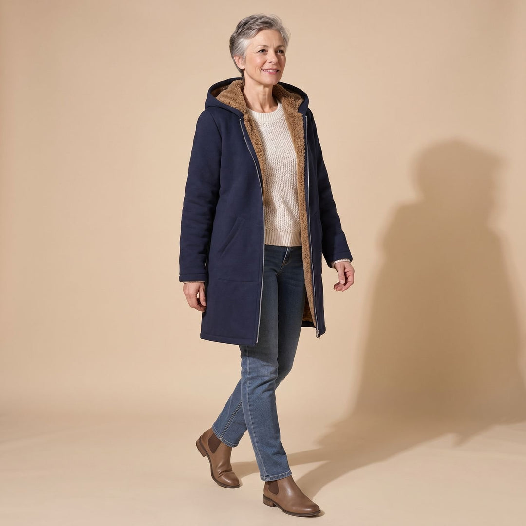 Damen Winterjacke mit Sherpa-Futter Kapuze Reißverschluss