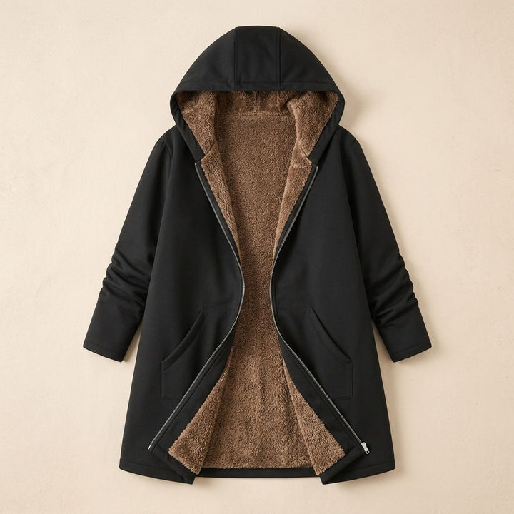 Damen Winterjacke mit Sherpa-Futter Kapuze Reißverschluss - Schwarz