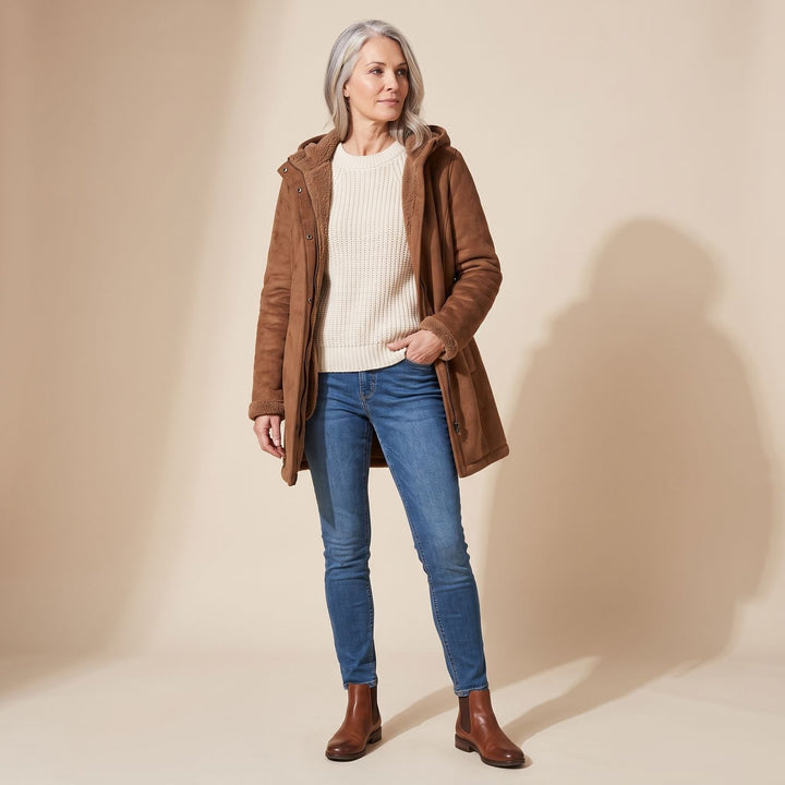 Damen Winterjacke mit Sherpa-Futter Kapuze Reißverschluss - Kaffeebraun
