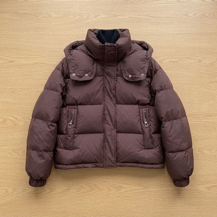 Damen Winterjacke Oversized Puffer mit Kapuze und Reißverschluss - Braun