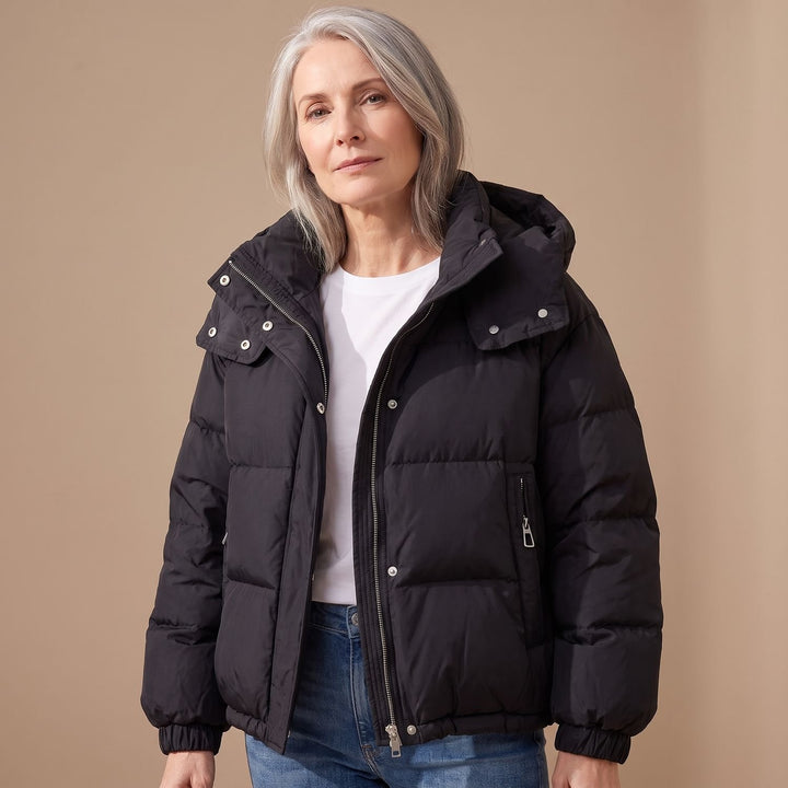 Damen Winterjacke Oversized Puffer mit Kapuze und Reißverschluss - Schwarz