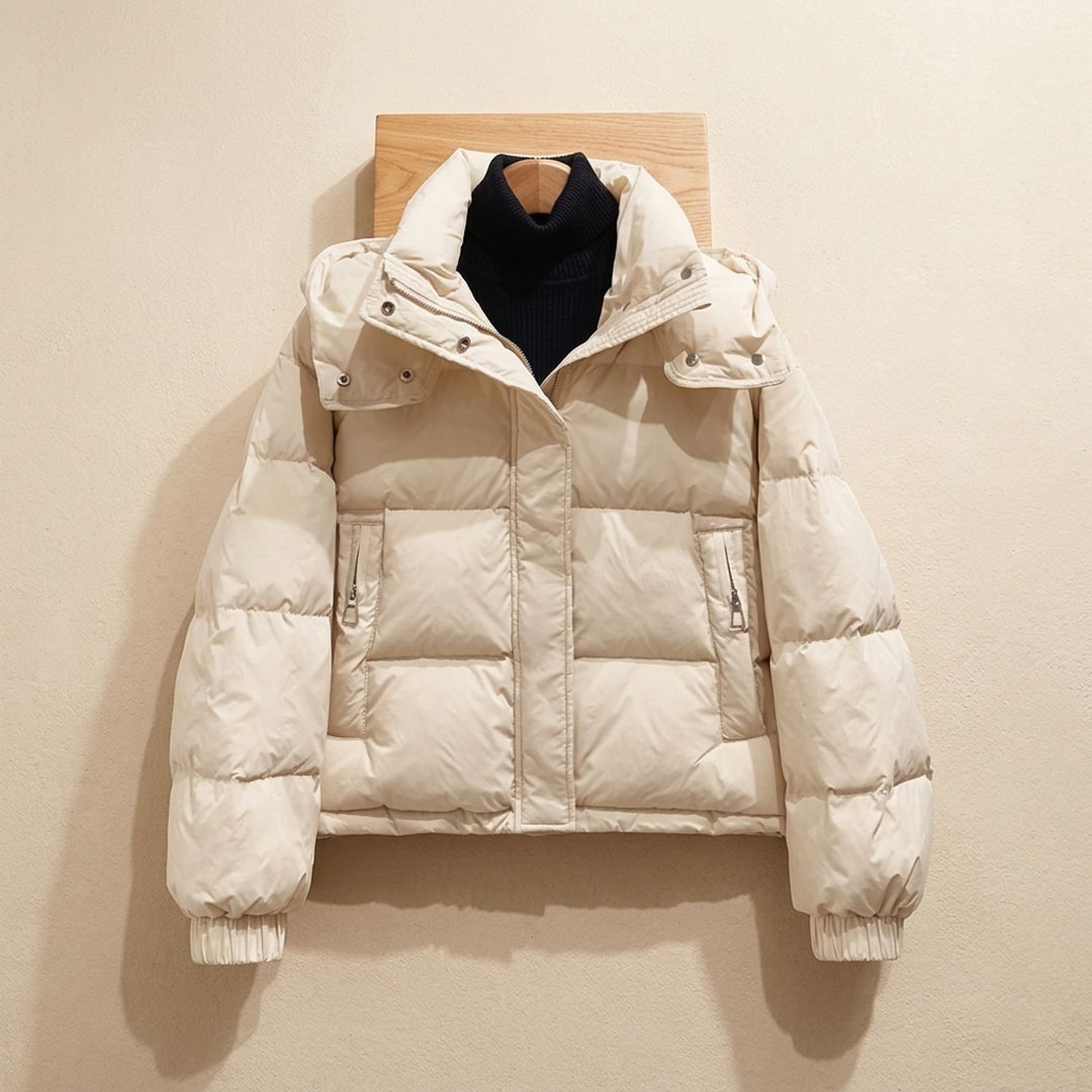 Damen Winterjacke Oversized Puffer mit Kapuze und Reißverschluss - Beige