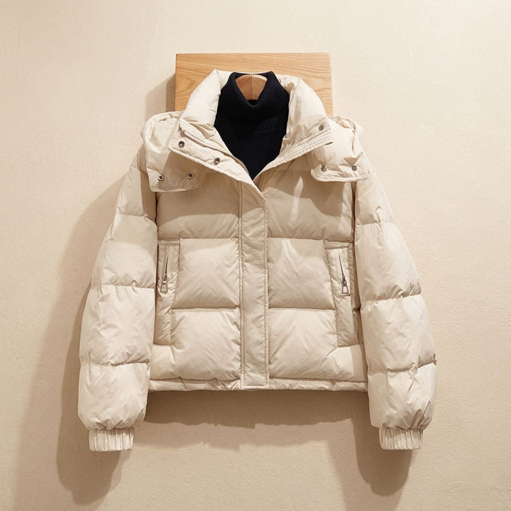 Damen Winterjacke Oversized Puffer mit Kapuze und Reißverschluss - Beige