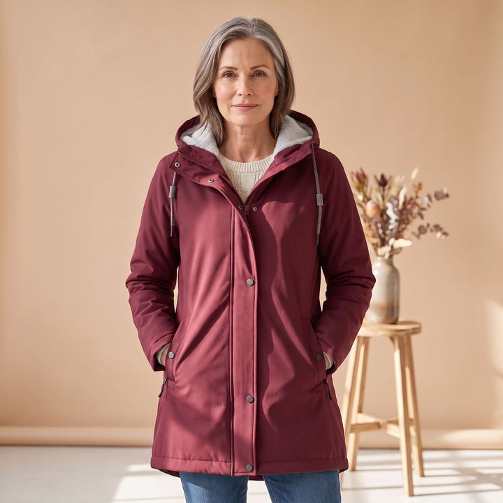Damen Winterjacke Sherpa-gefütterte Kapuzen-Parka - Dunkelweinrot