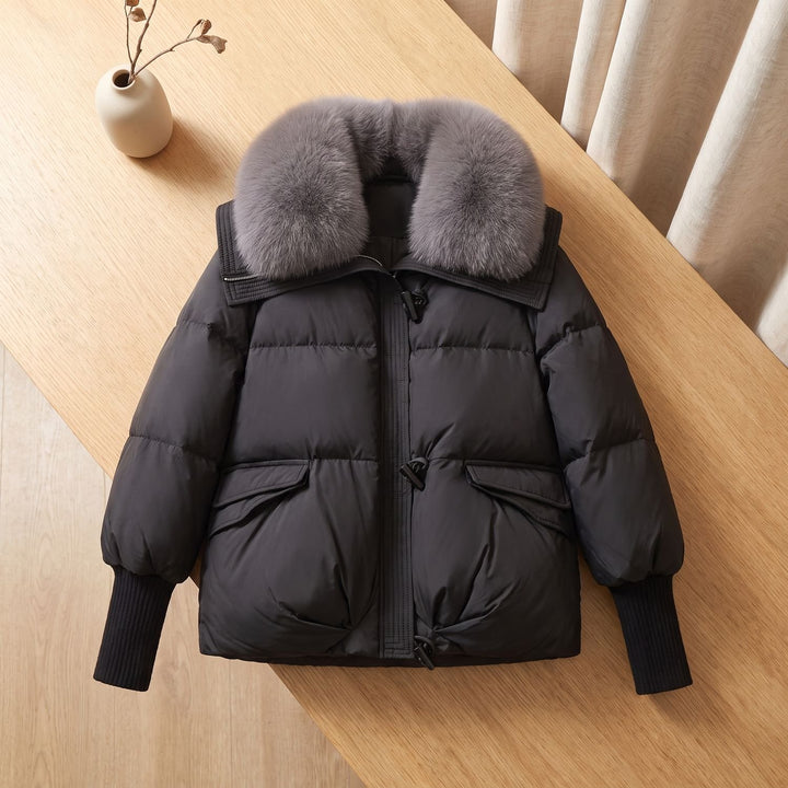 Damen Winterjacke Steppjacke mit Kunstfellkragen - Schwarz