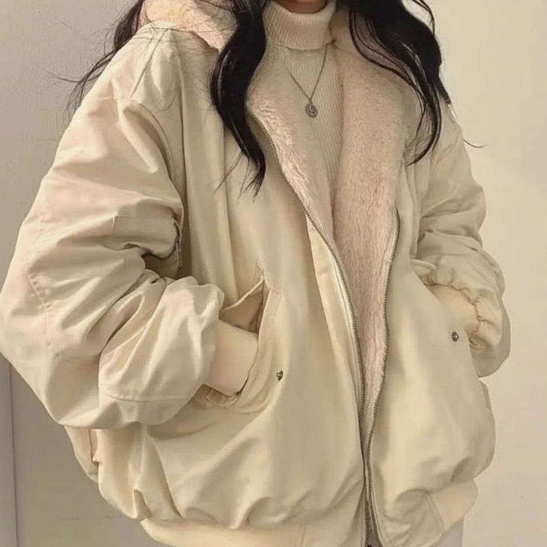Damen Winterjacke Warm Doppellagig Teddyfell-Innenfutter Oversized - Beige