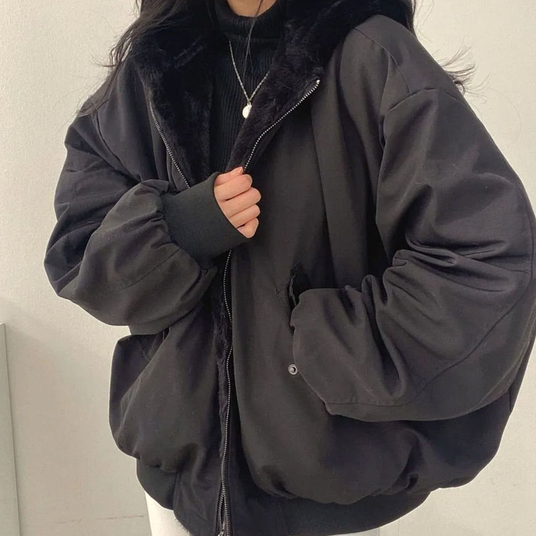 Damen Winterjacke Warm Doppellagig Teddyfell-Innenfutter Oversized - Schwarz
