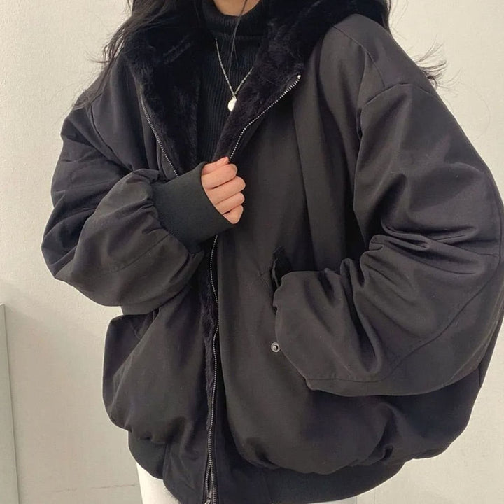 Damen Winterjacke Warm Doppellagig Teddyfell-Innenfutter Oversized - Schwarz