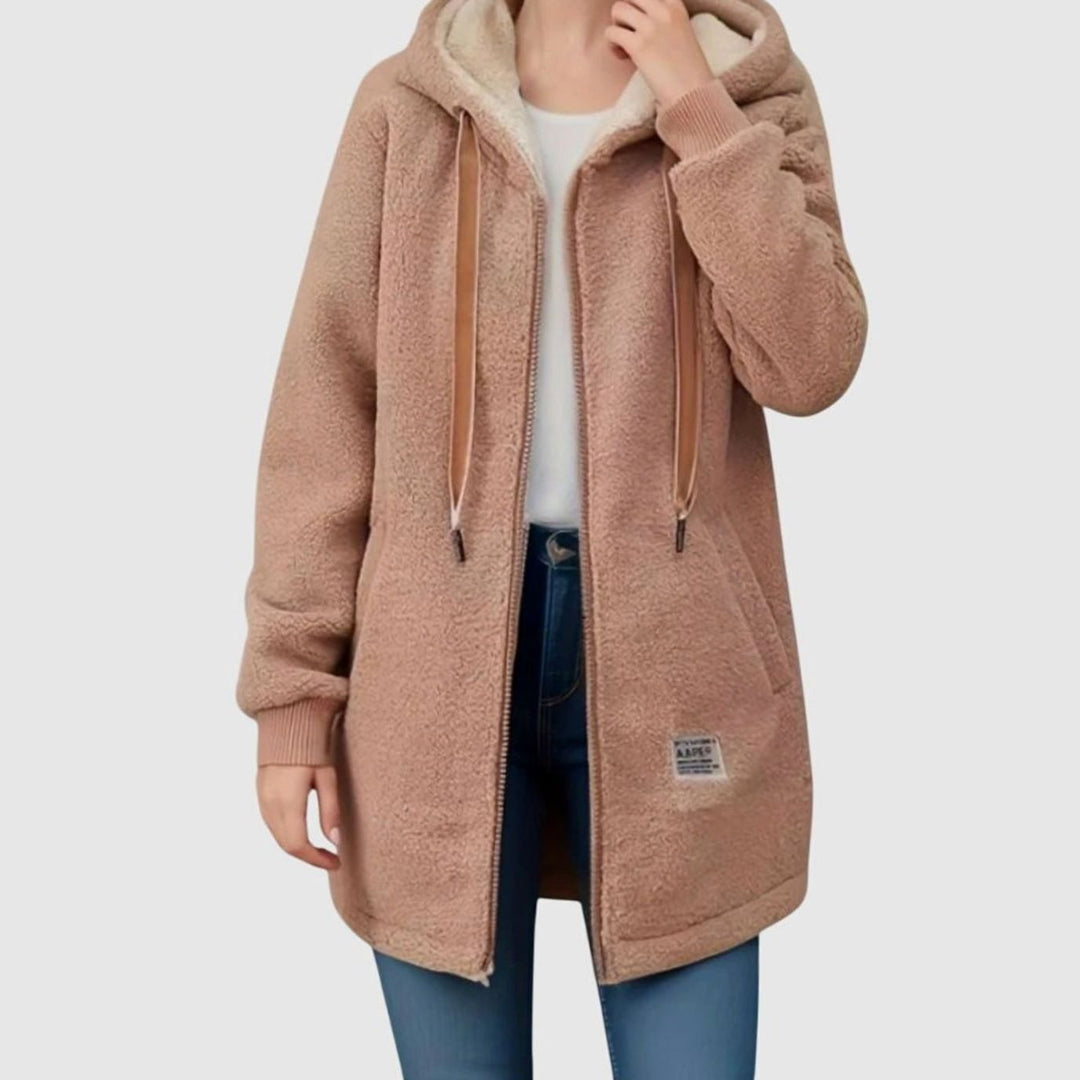 Damen Winterjacke warme Fleecejacke mit Kapuze und Reißverschluss - Braun