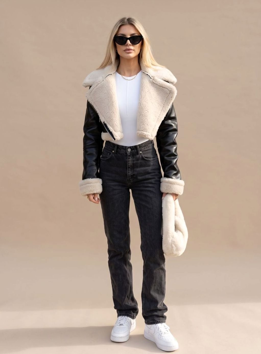 Damen Wintermantel Kunstleder Teddyjacke Cropped Bikerjacke