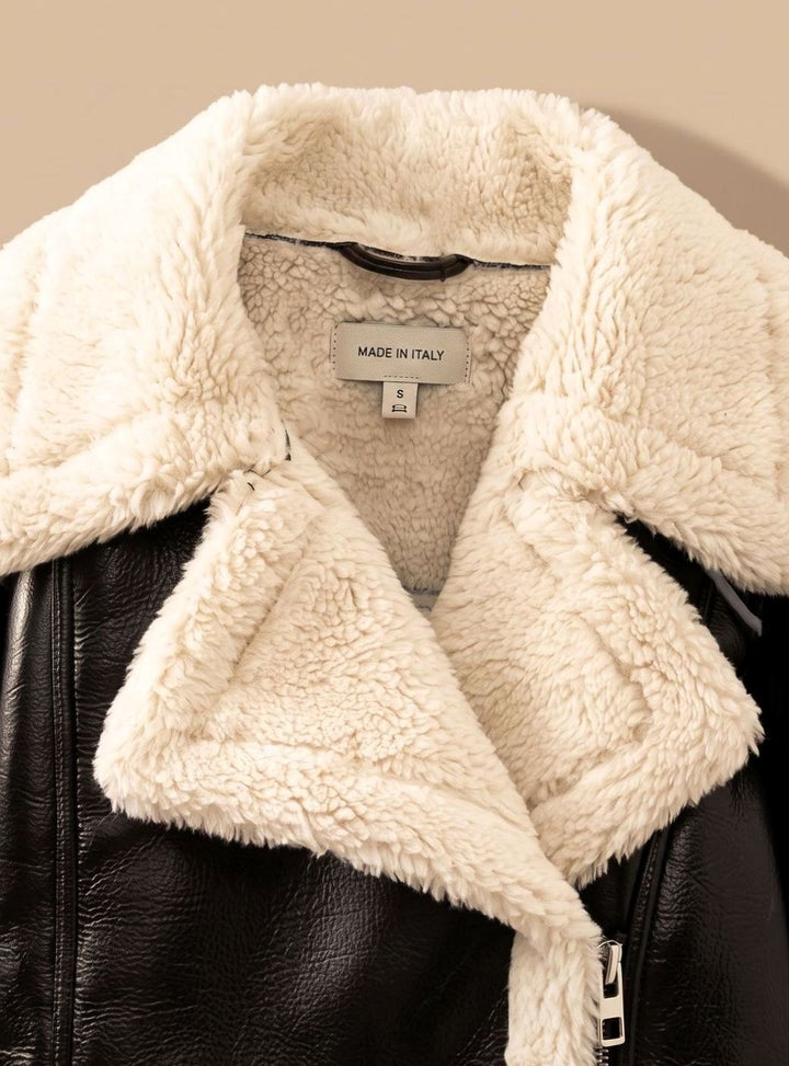 Damen Wintermantel Kunstleder Teddyjacke Cropped Bikerjacke