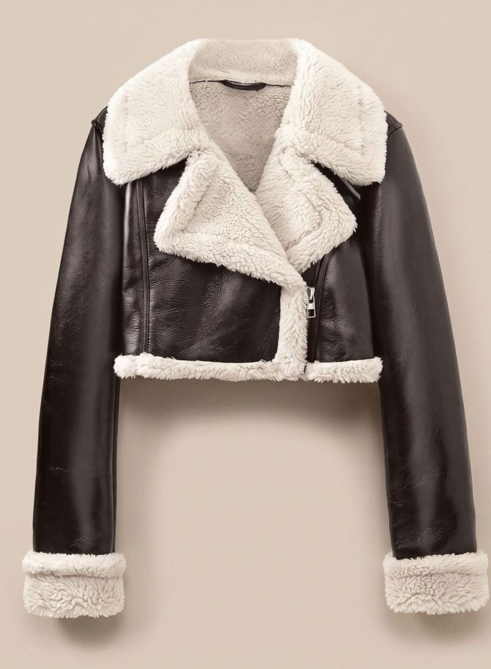 Damen Wintermantel Kunstleder Teddyjacke Cropped Bikerjacke