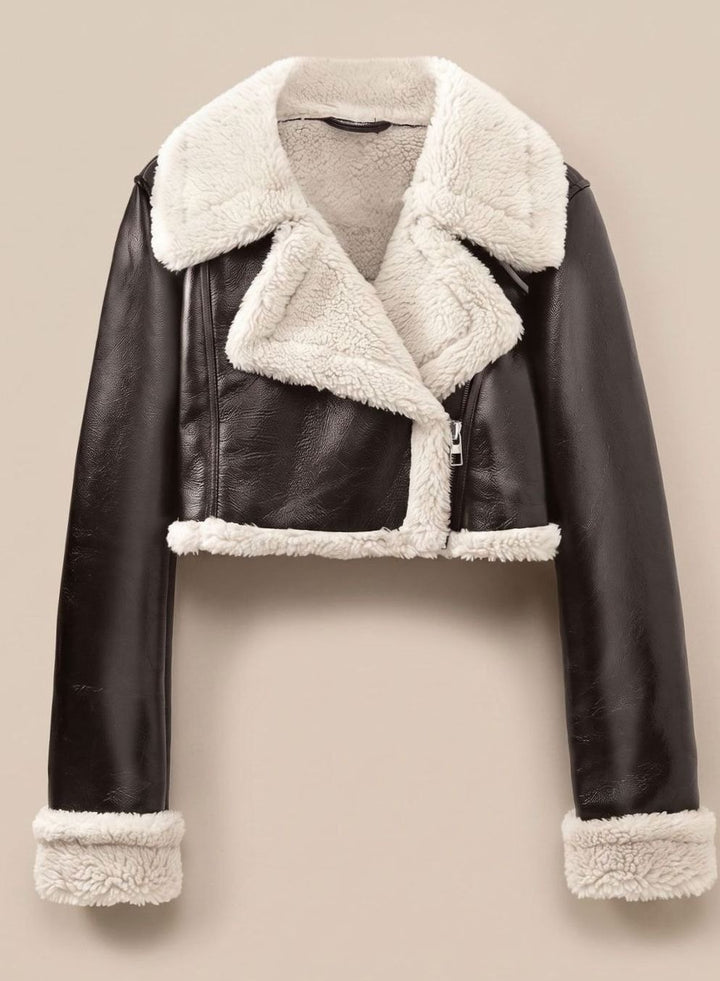 Damen Wintermantel Kunstleder Teddyjacke Cropped Bikerjacke