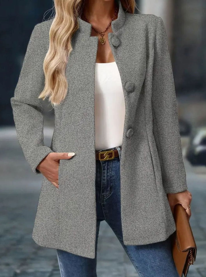 Damen Wintermantel mit Knöpfen Stehkragen eleganter langer Schnitt - Grau