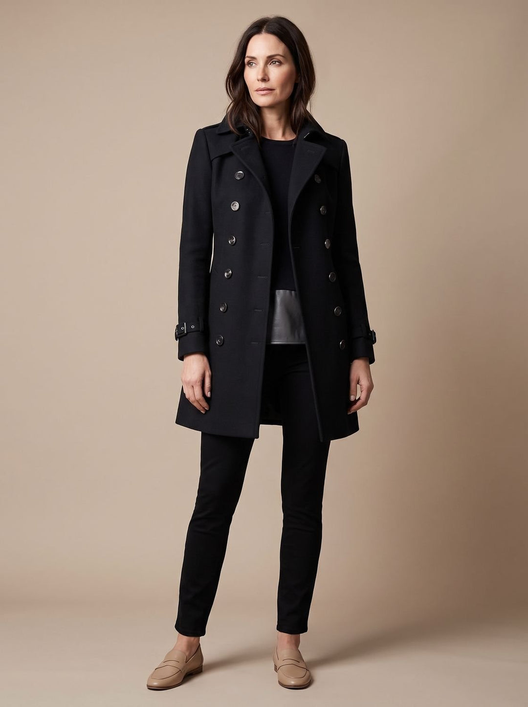 Damen Wintermantel Zweireihiger Eleganter Wollmantel - Schwarz