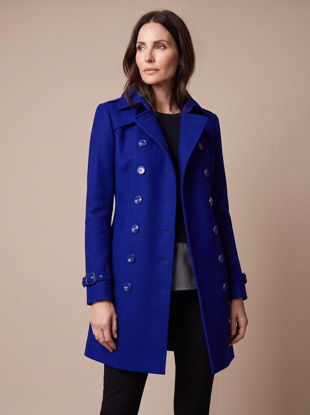 Damen Wintermantel Zweireihiger Eleganter Wollmantel - Blau