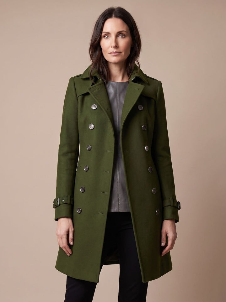 Damen Wintermantel Zweireihiger Eleganter Wollmantel - Grün