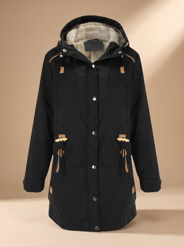 Damen Winterparka mit Fleece-Kapuze und taillierter Schnürung - Schwarz