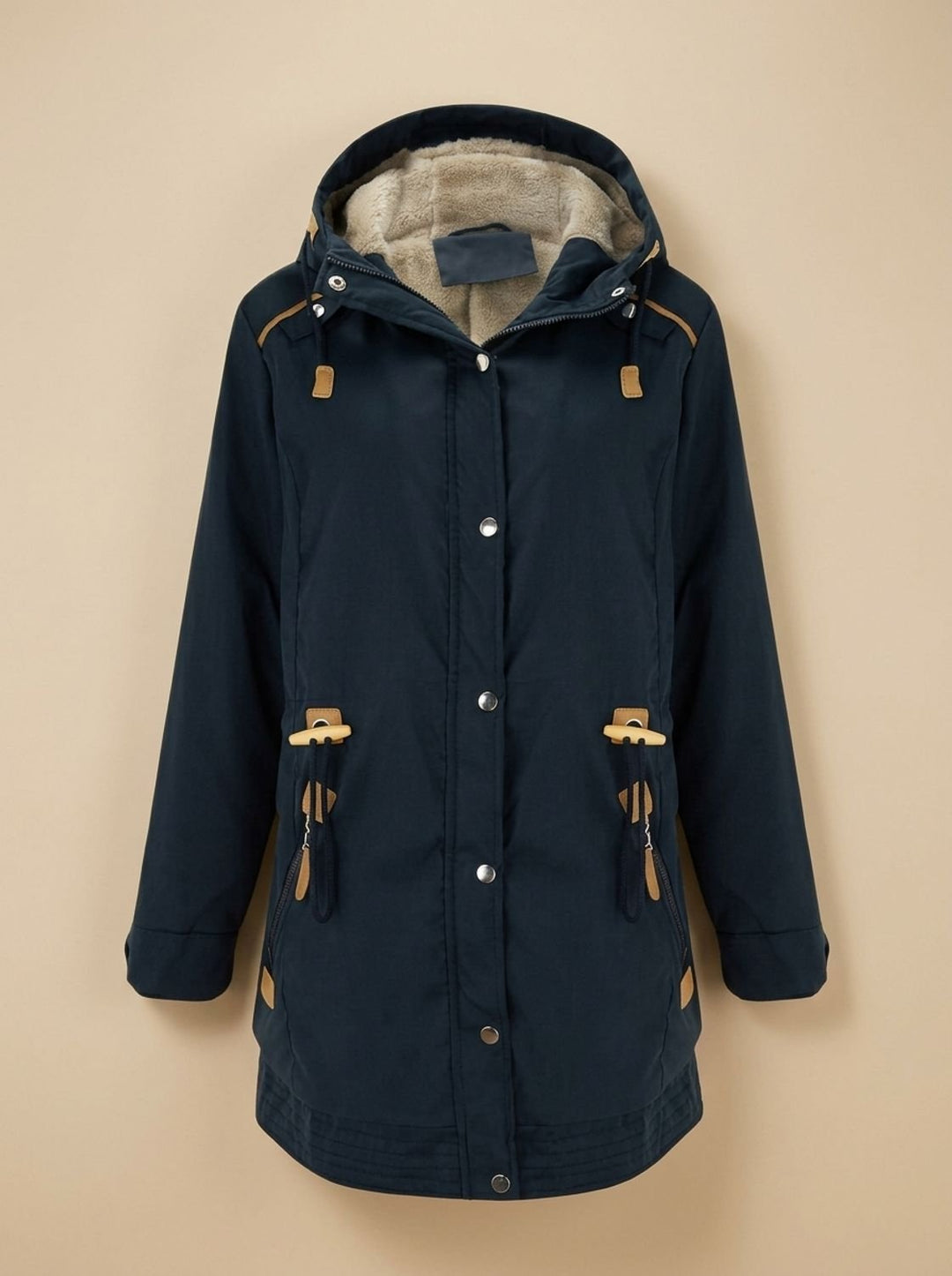 Damen Winterparka mit Fleece-Kapuze und taillierter Schnürung - Marineblau