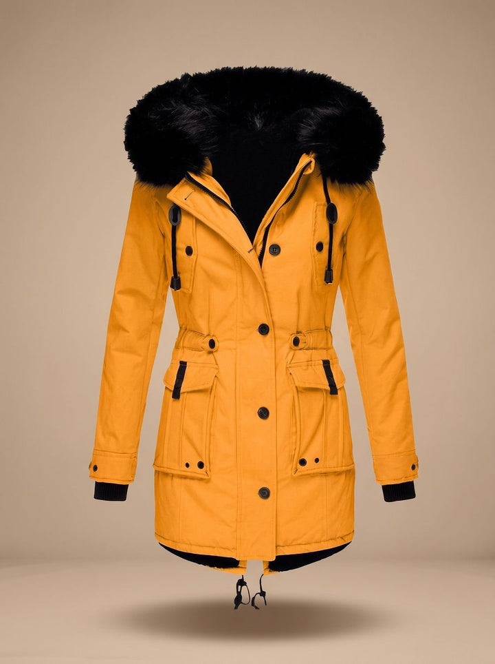 Damen Winterparka mit Kunstfellkapuze Taillenzug Knöpfen - Gold