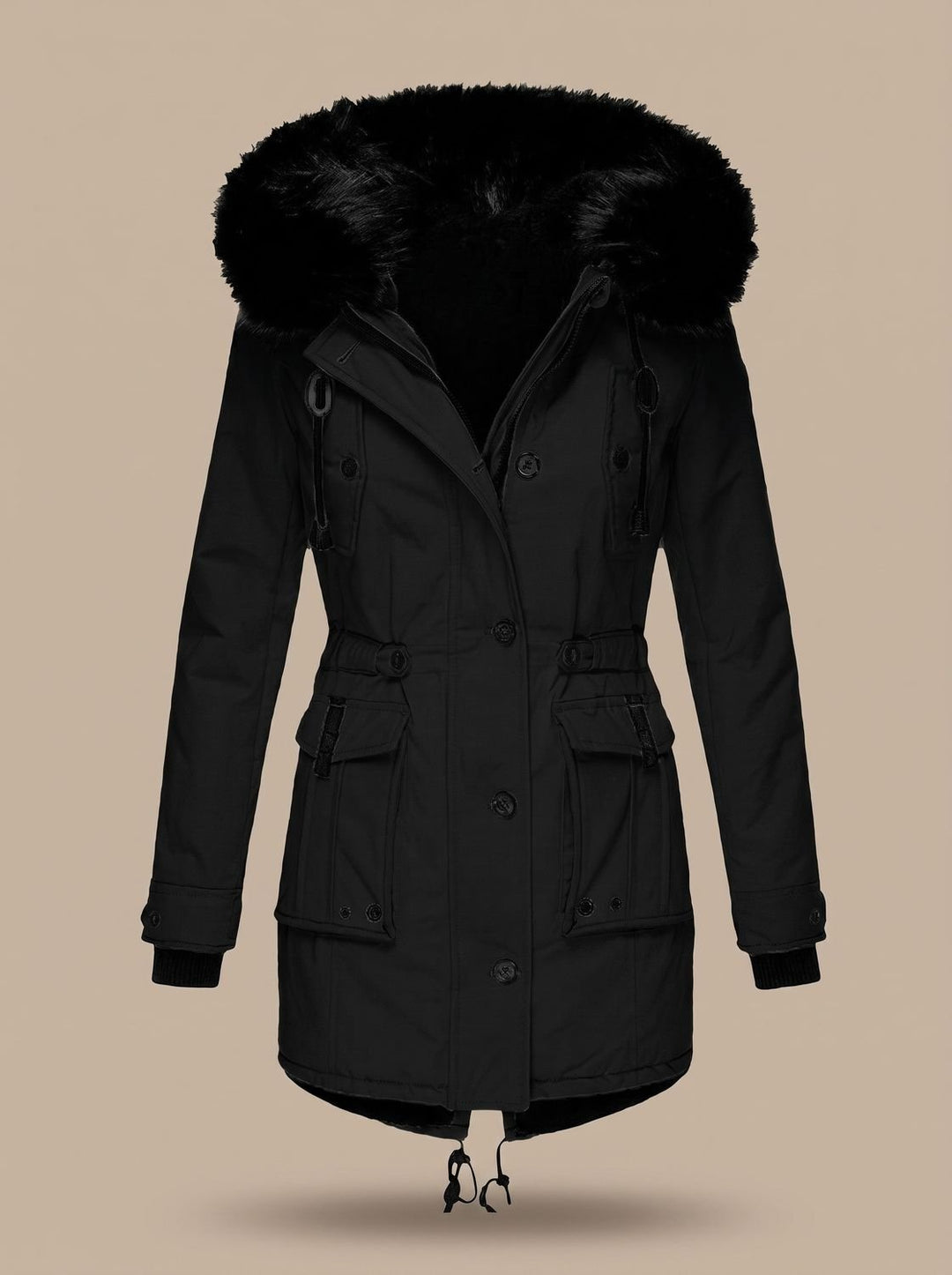 Damen Winterparka mit Kunstfellkapuze Taillenzug Knöpfen - Schwarz