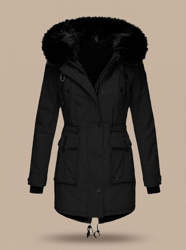 Damen Winterparka mit Kunstfellkapuze Taillenzug Knöpfen - Schwarz