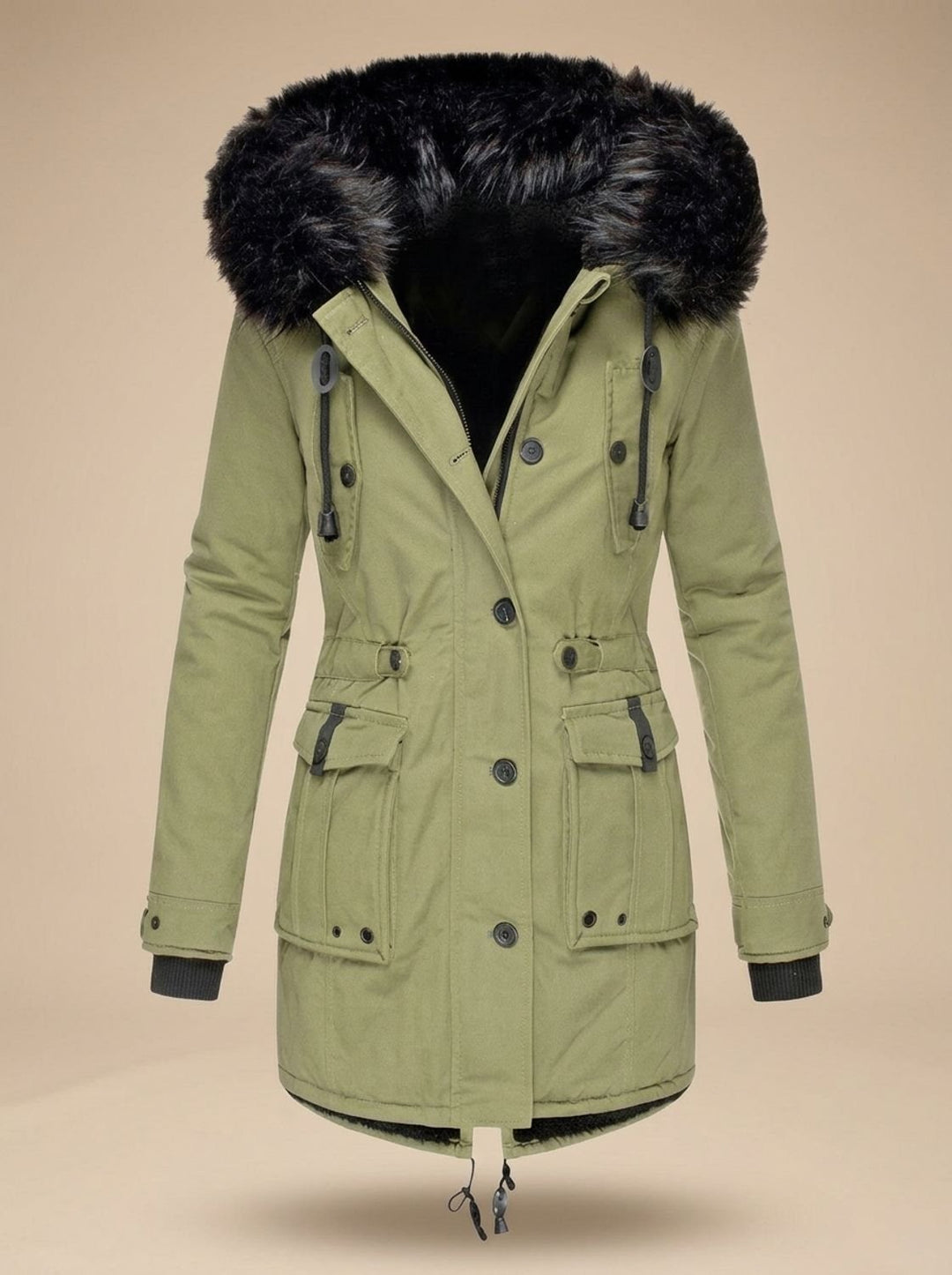 Damen Winterparka mit Kunstfellkapuze Taillenzug Knöpfen - Grün